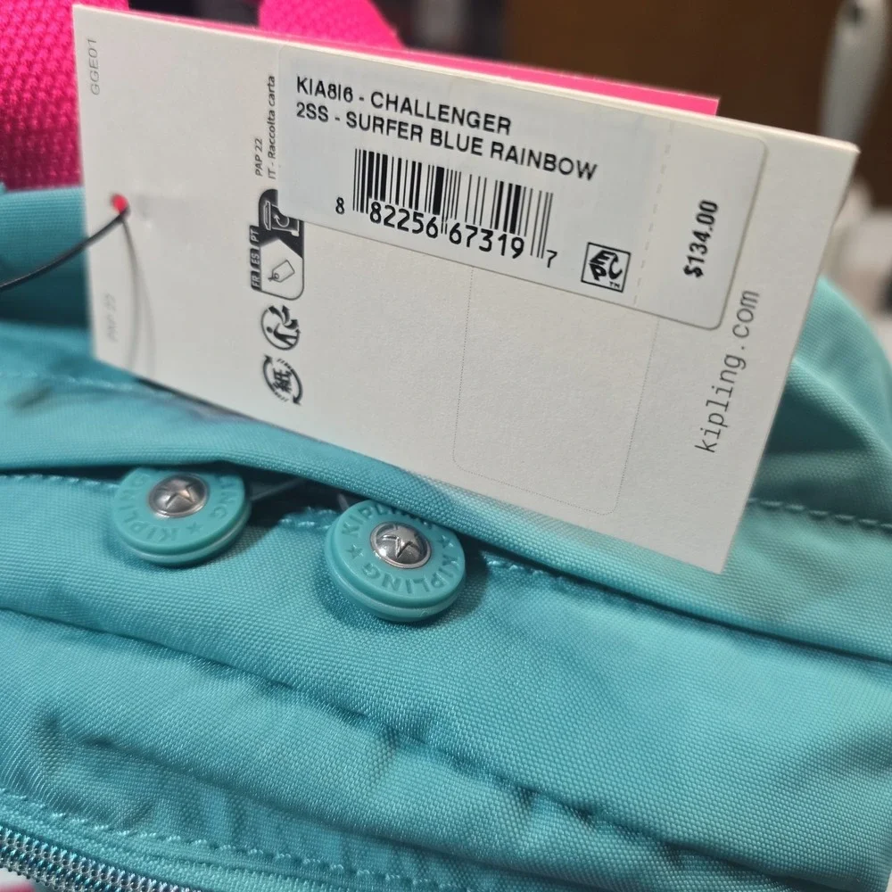 Kipling Challenger 2SS Nylon Backpack, Super Blue Rainbow KIA816 w/ Monkey